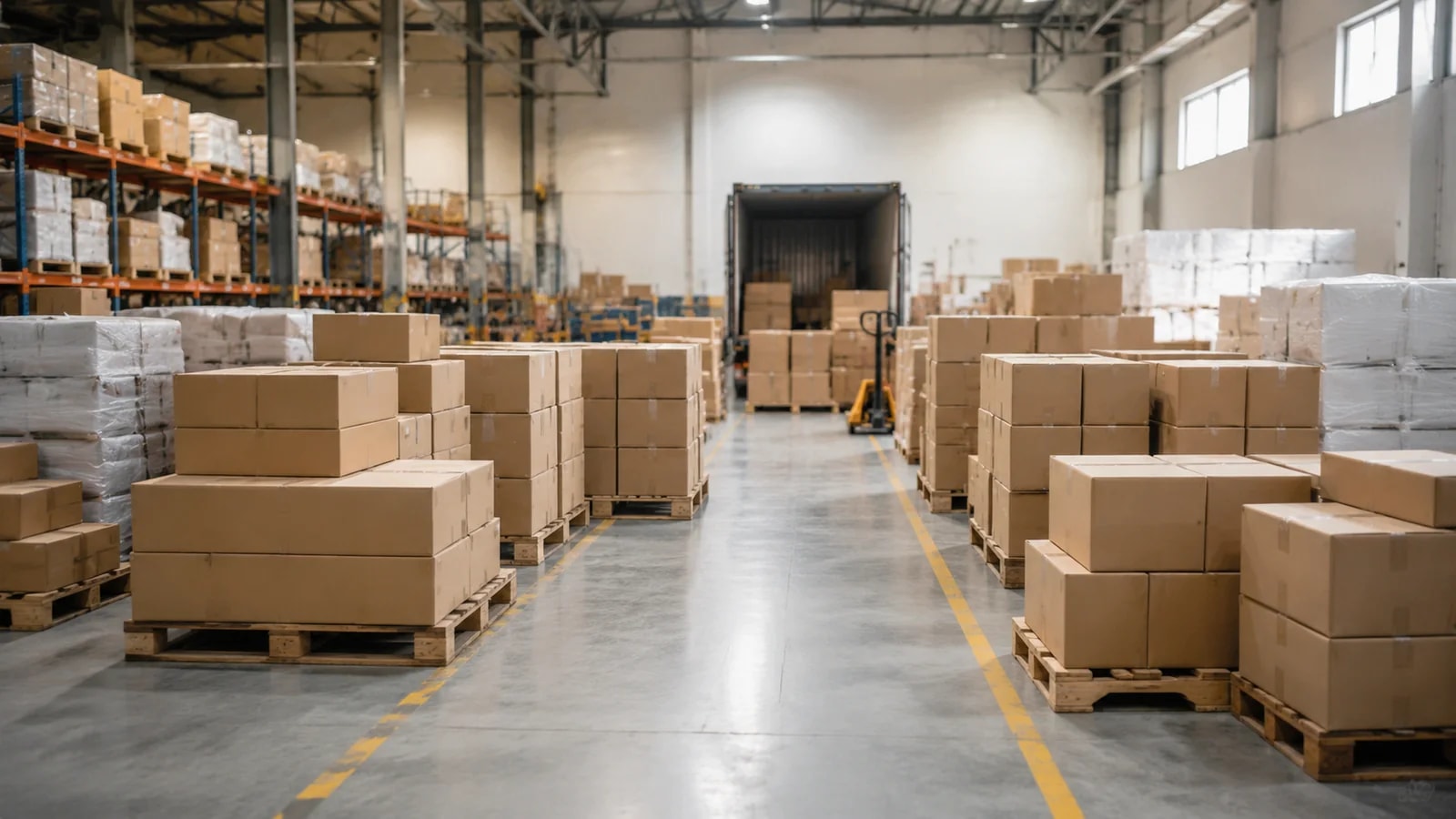 Cajas de distintos proveedores organizadas para consolidación en un almacén