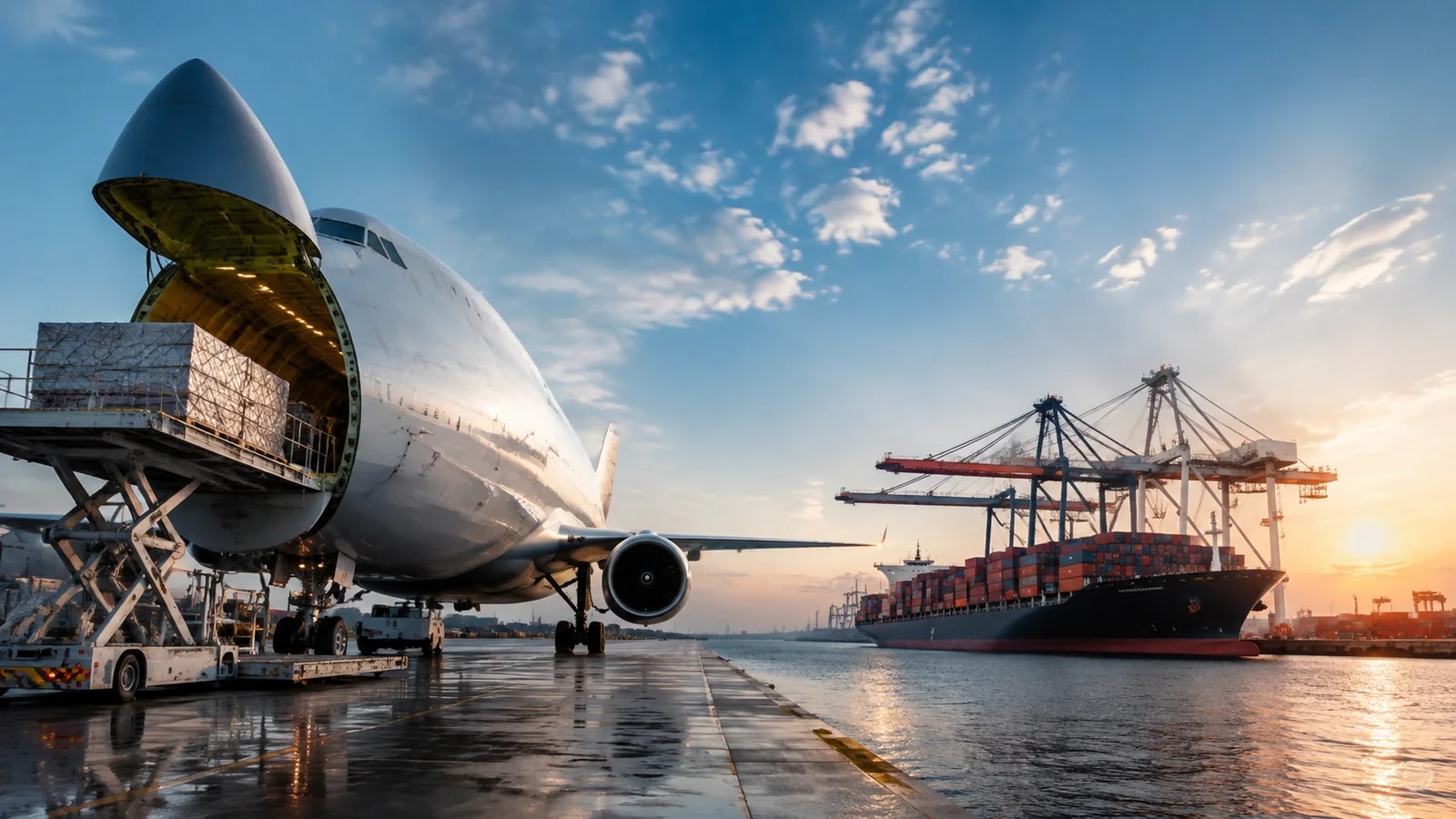 Carga aérea y transporte marítimo representados en una operación logística internacional
